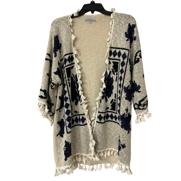 World Market Cream & Navy Blue Fringe Open Front 3/4 Sleeve Boho Cardigan O/S - Picture 1 of 11